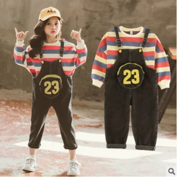 

Girls Overalls Clothing Set 2020 New Spring/Autumn Kids Clothes Active Sets Children's Striped Color Sets 2 Piece Size4-14 ly391