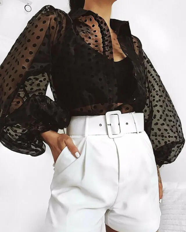 2020 New Women Mesh Sheer Blouse See-through Lantern Long Sleeve Fashion Pearl Button Transparent Dot Shirt Female Blusas | Женская