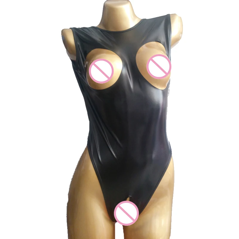 PVC Sexy Leather Black Bodysuit Women High Cut Thong Open Crotch Hollow Bust Erotic Leotard Costumes Nightclubs Clubwear | Тематическая