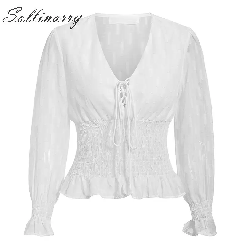 Sollinarry, элегантные блузки с длинным рукавом для женщин, Осень-зима, v-образный вырез, Сексуальная Блузка для женщин,, эластичная талия, Ретро стиль, топы, рубашки, Ldies
