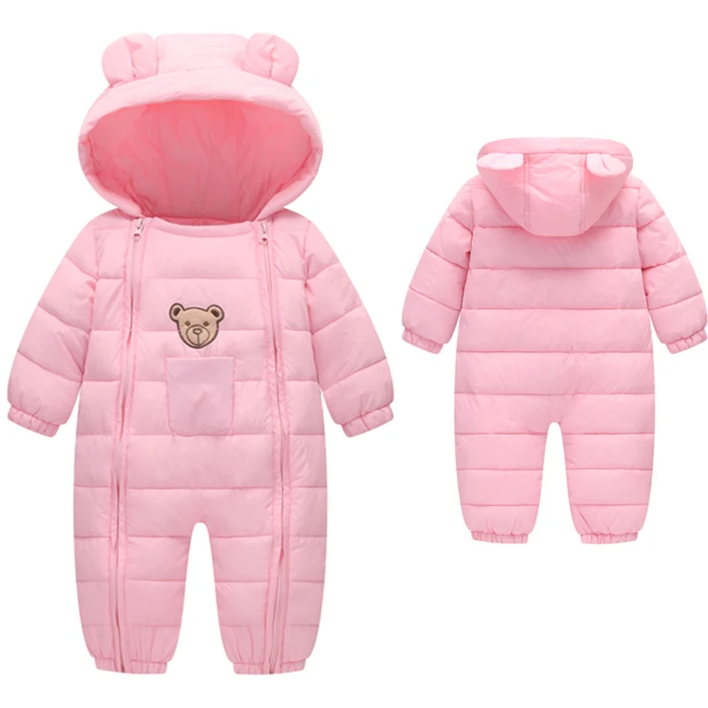 Одежда для новорожденных; осенне-зимний комбинезон; теплый зимний комбинезон из хлопка для мальчиков и девочек; комбинезоны с капюшоном для детей; Детский комбинезон унисекс - Цвет: Pink