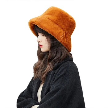 

Faux Fur Winter Bucket Hat For Women Girl Fashion Solid Thickened Soft Warm Fishing Cap Vacation Hat Cap Lady Outdoor
