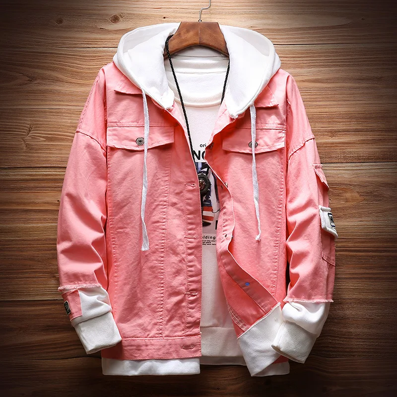 Jeans Men Pink Windbreaker Hot 2020 Fashion Denim Jacket Male