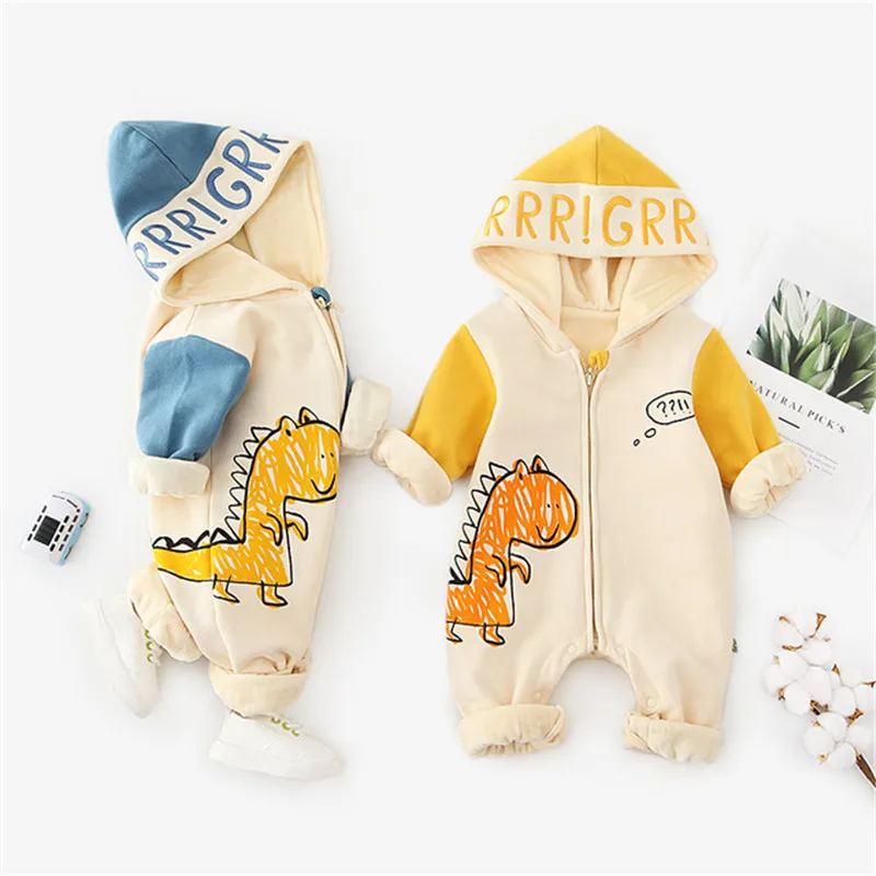 

Baby Rompers Winter Soft Warm Newborn Boys Girls Fleece Jumpsuit Dinosaur Print Autumn Hooded Long Sleeve Toddler Overalls 0-24M