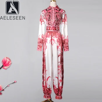 

AELESEEN Autumn Fashion Runway Women's Suit Elegant Floral Print Casual Lantern Pants Two Pieces Set Ladies Party Vintage Suits