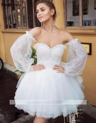Pukguro Short Wedding Dress Puff Detachable SleevesSweetheart A Line Mini Boho Bride Dresses Strapless Beach Wedding Gowns
