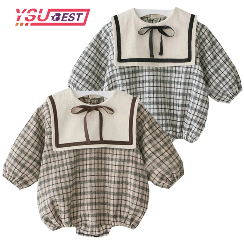 

2020 Spring Baby Girl Bodysuits New Plaid Long-sleeved Leotard 0-3Y Baby Baby Climbing Clothes Bodysuit Navy Wind Twins Clothing