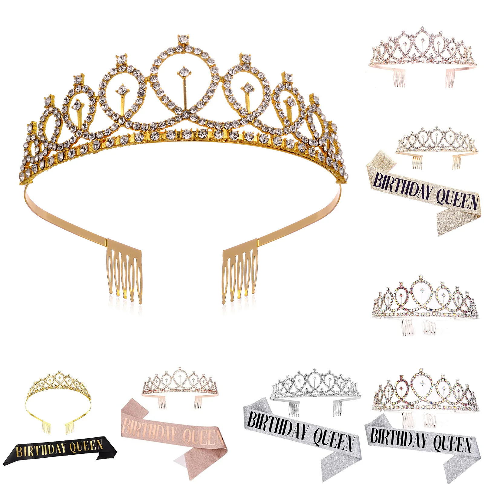 

1 PC Bling Rhinestone Crystal Crown Tiara Birthday Anniversary Decoration Happy Women 21 30th Birthday Satin Sash Party Supplies