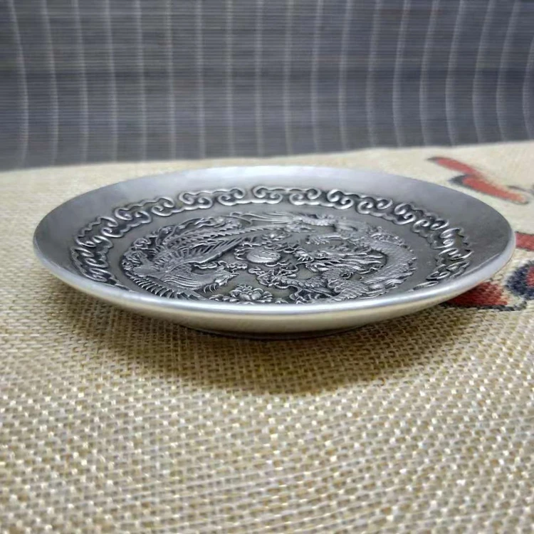Старинные маленькие украшения из старинной серебряной бронзы(Дракон и Феникс) деликатные чайные блюдца