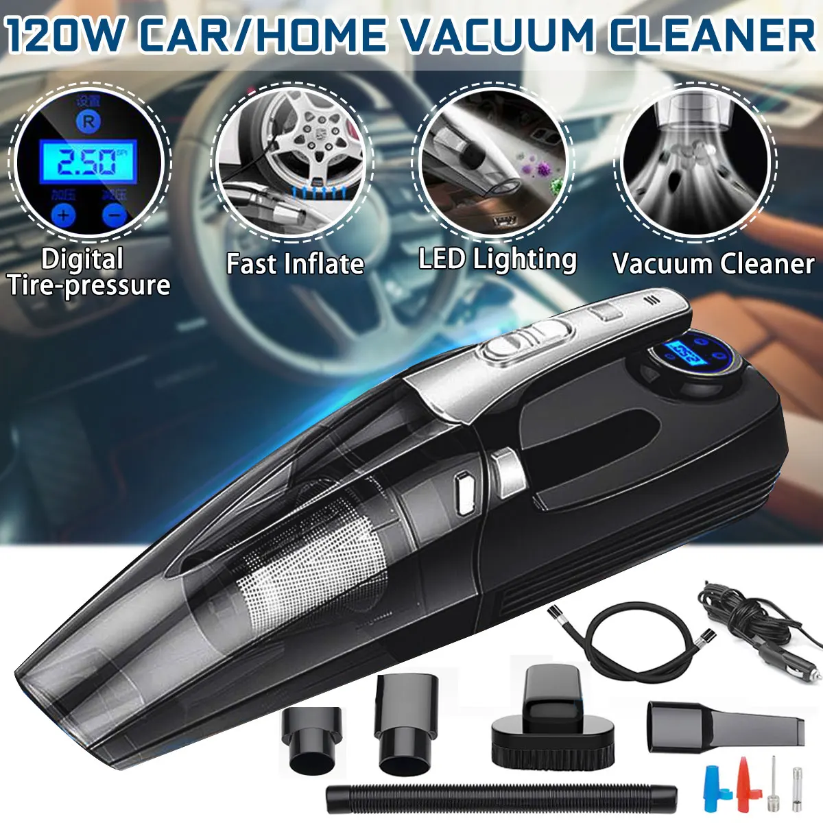 US $29.73 4 In 1 Car Handheld Vacuum Cleaner With Digital Tire Inflator Pump Pressure Gauge LED Light Vacuum Cleaner For Home Auto Car