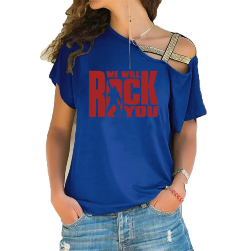 We Will Rock You, женская футболка, летняя, queen, рок-группа, футболка, короткий рукав, хлопок, рок-ролл, для женщин, с неровным перекосом, крест, топы