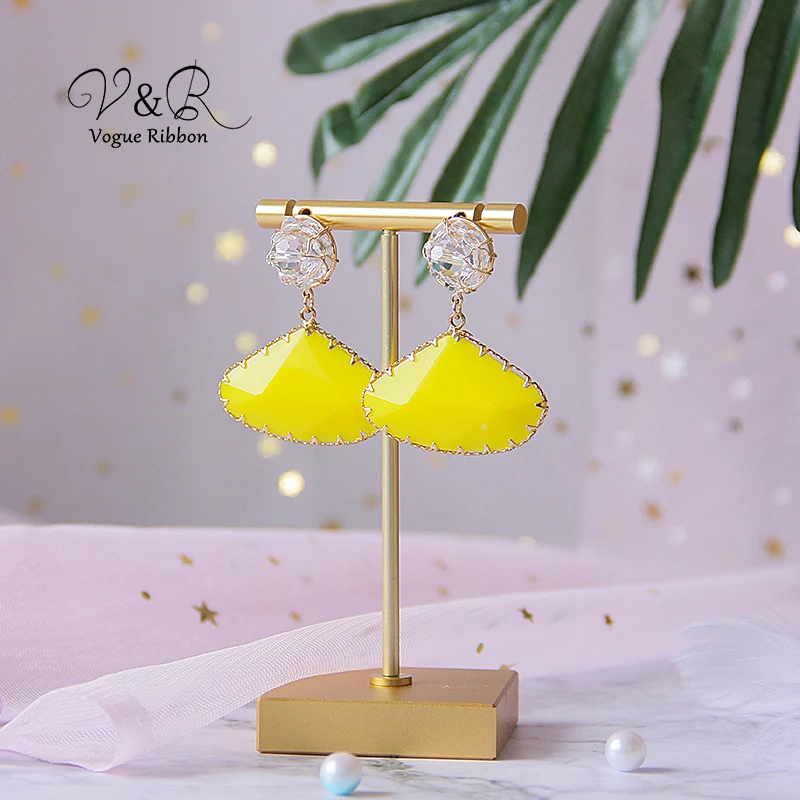 925 Sterling silver post drop earring, real gold plated, hand-knitted glass stud with colorful resin drop with filigree metal edge, fashion jewelry for girl  (7)