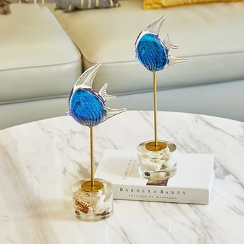 

Creative Vintage Blue Glass Fish Statue Home Decorative Crafts Room Objects Animal Office Metal Figurines Wedding Gifts