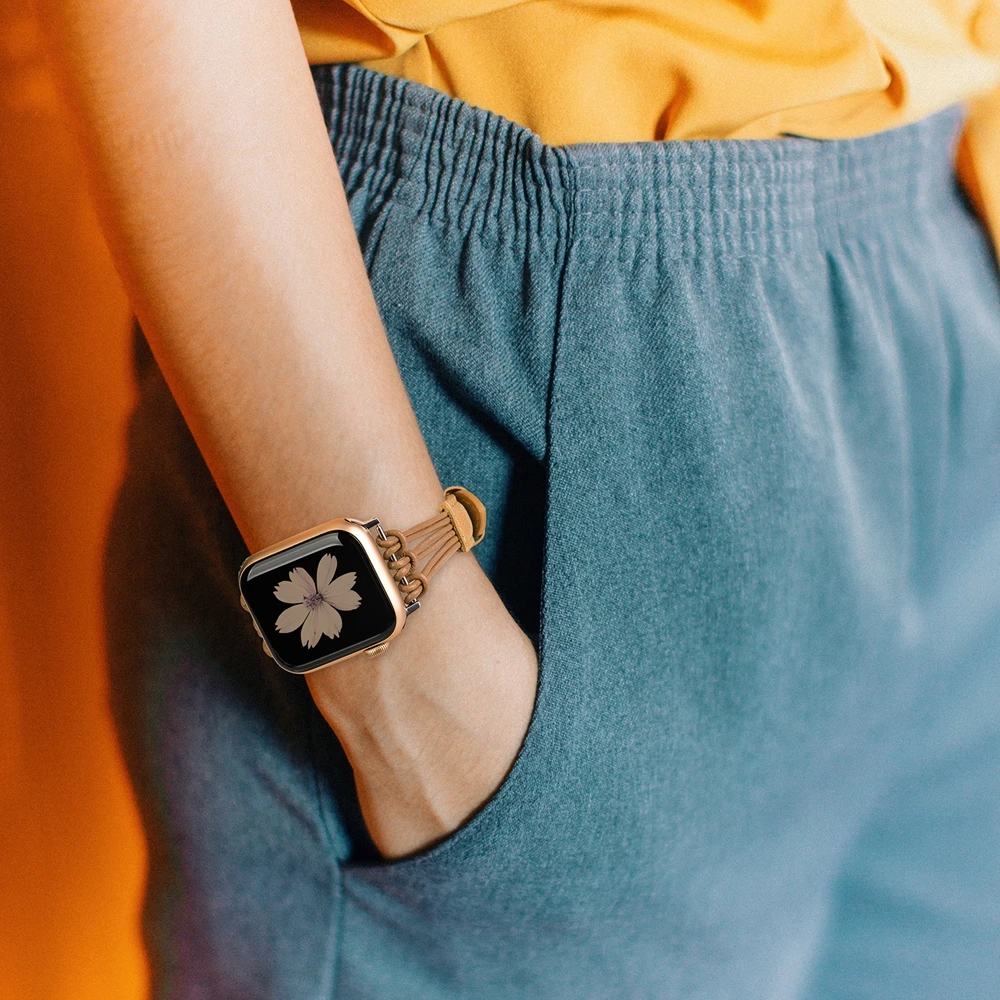 Кожаный ремешок для Apple Watch, 38 мм, 40 мм, 42 мм, 44 мм, розовое золото, для женщин и мужчин, тонкий браслет с кисточкой для отдыха, ремешок для iWatch 5, 4, 3, 2, 1