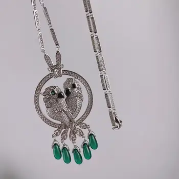 

Two Parrots Bird Necklace Big Cubic Zirconia Animal Party Jewelry Luxury brand green stone Exaggerated pendant cz necklace