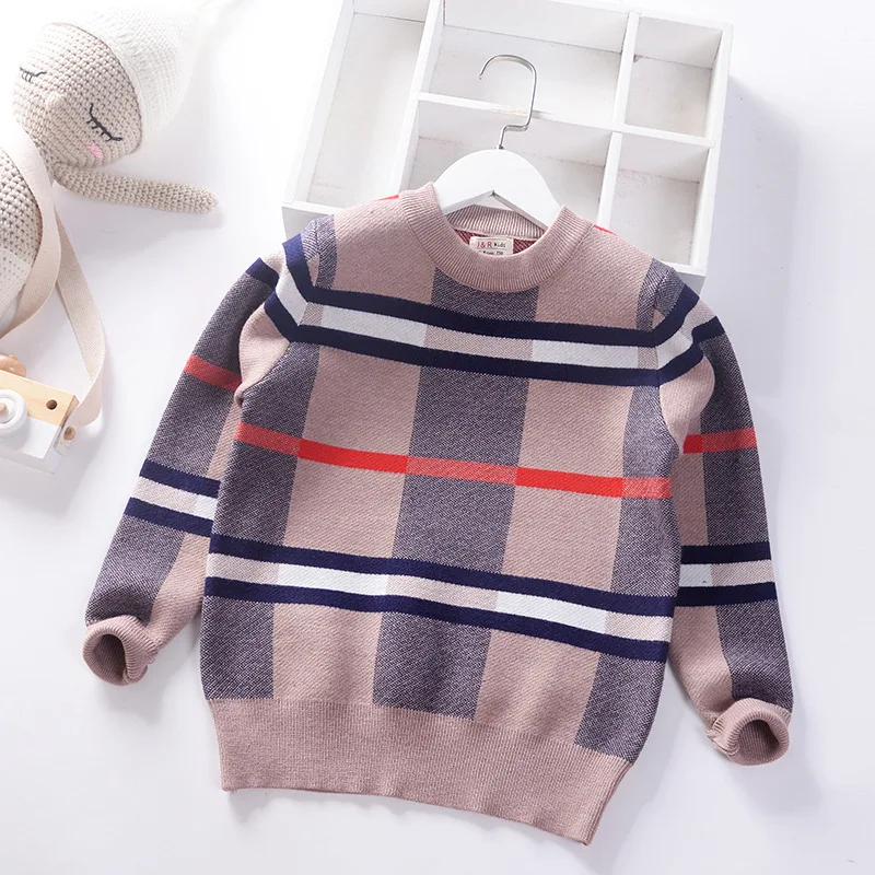 

Big Kid BOY'S Plaid Pullover Sweater 2019 Autumn And Winter New Style Korean-style Children Crew Neck Sweater Child Sweater