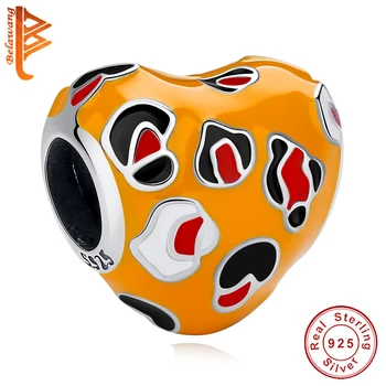

925 Sterling Silver Enamel Leopard Print Spotted Heart Charm fit Charm Bracelet Necklace Women Girl Christmas Party Jewelry Gift