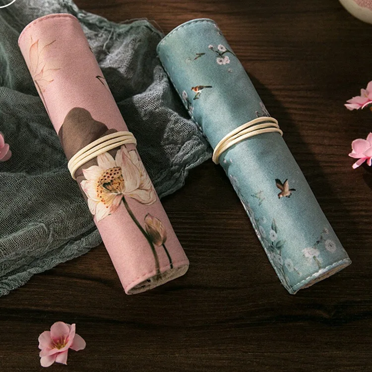 

Chinese Style Multi-purpose Pencil Pen Roll Wrap Rolling Travel Makeup Brush Bag Organizer Holder Roll-up Pouch with Belt Strap