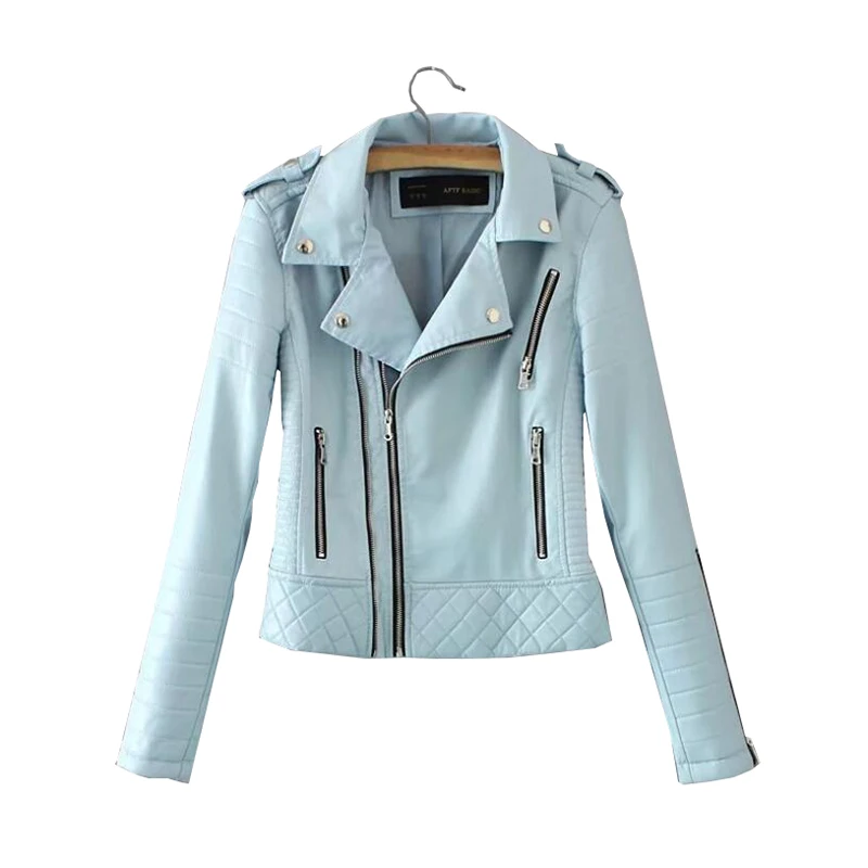 

2019 New Fashion Women Soft Faux Leathers PU Jackets and Coats Lady Motorcyle Zippers Black Blue Spliced Street Outerwear