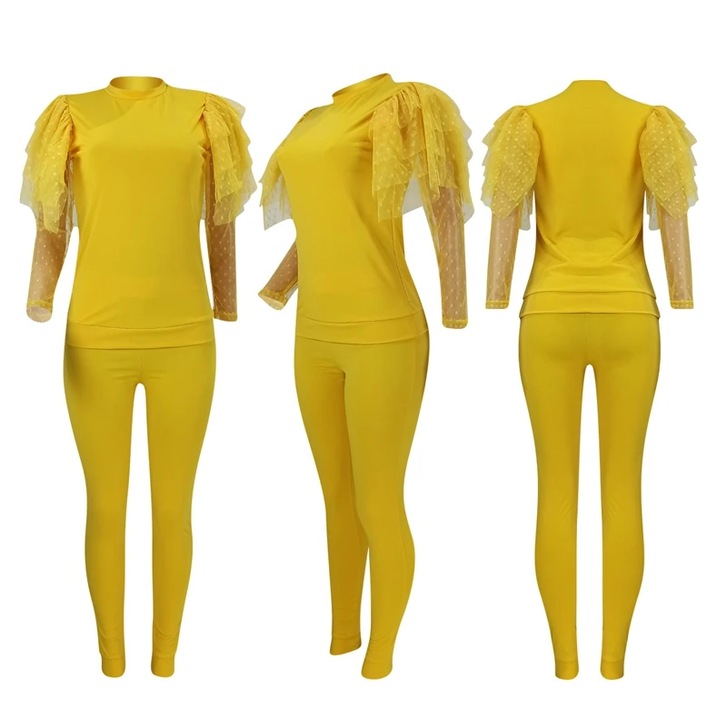Сексуальные спортивные костюмы, комплект из двух предметов, спортивный костюм, женский сетчатый топ с длинным рукавом, Осенний укороченный топ и длинные штаны, повседневный комплект из 2 предметов, наряды - Цвет: Цвет: желтый