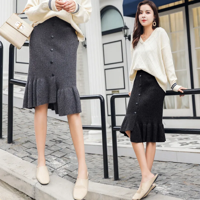 

2019 Autumn And Winter Knitted Skirt Skirt Fishtail Skirt Mid-length Lotus Leaf Irregular