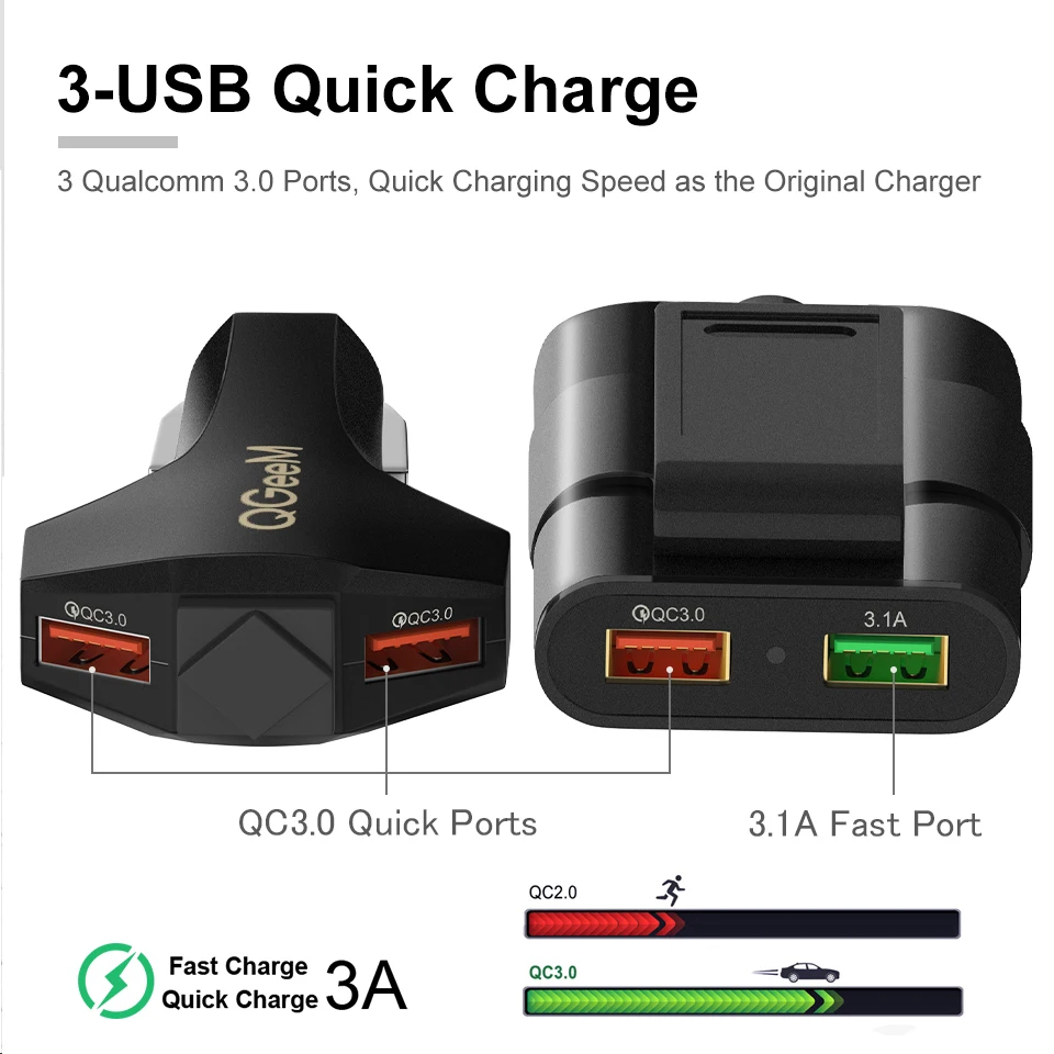 QGEEM 4 USB Car Charger for iPhone Quick Charge 3.0 Car Portable Charger Hammer Front Back QC3.0 Phone Charging Fast Car Charger