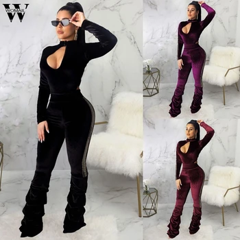 

Womail Jumpsuit women Elegant long sleeve V-neck deep cut slim push up Jumpsuit black hollow Velvet Wide Leg Long Jumpsuit party