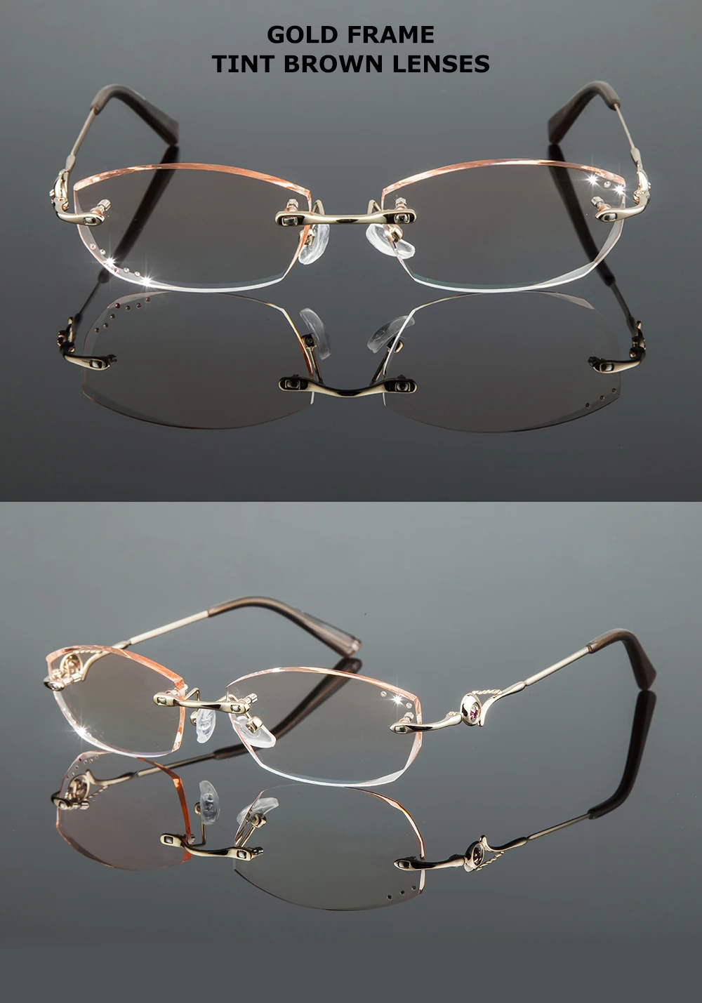 Front view of Women's Diamond Rimless Titanium Frame Eyeglasses 8007 on a model