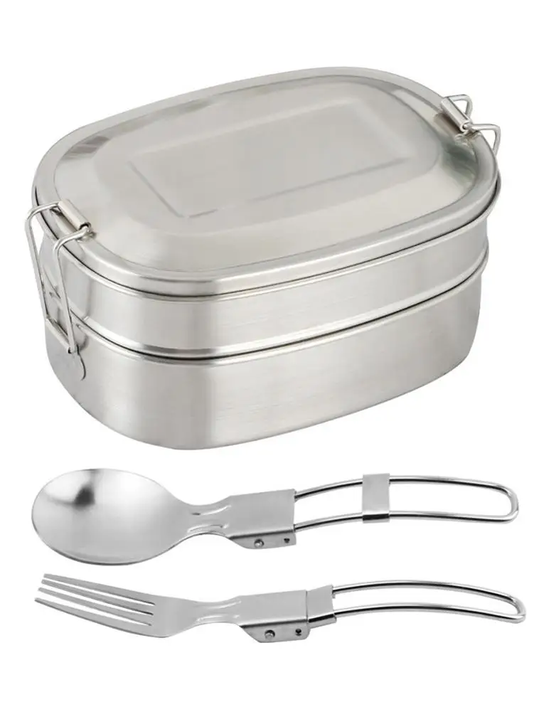 

Stainless Steel Lunch Box With Spoon Double Buckle Food Container with Fork Set