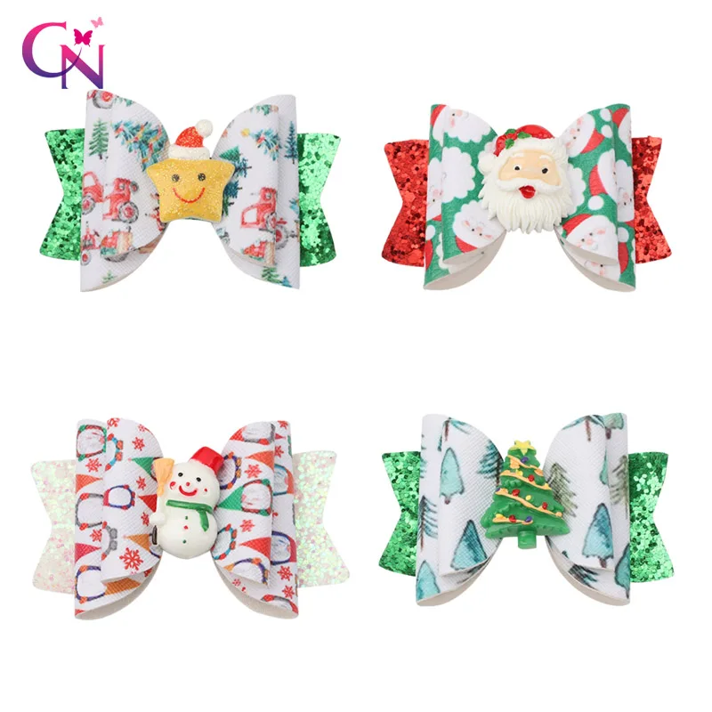 

CN 8 Pcs/Lots 3" Glitter Christmas Hair Bows for Girls Kids Handmade Christmas Tree Santa Hair Clips Christmas Hair Accessories