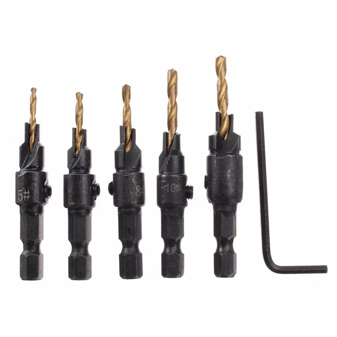 DWZ 5pcs 5~12mm HSS Woodworking Countersink Chamfer Drill Bit Screw Set & Wrench