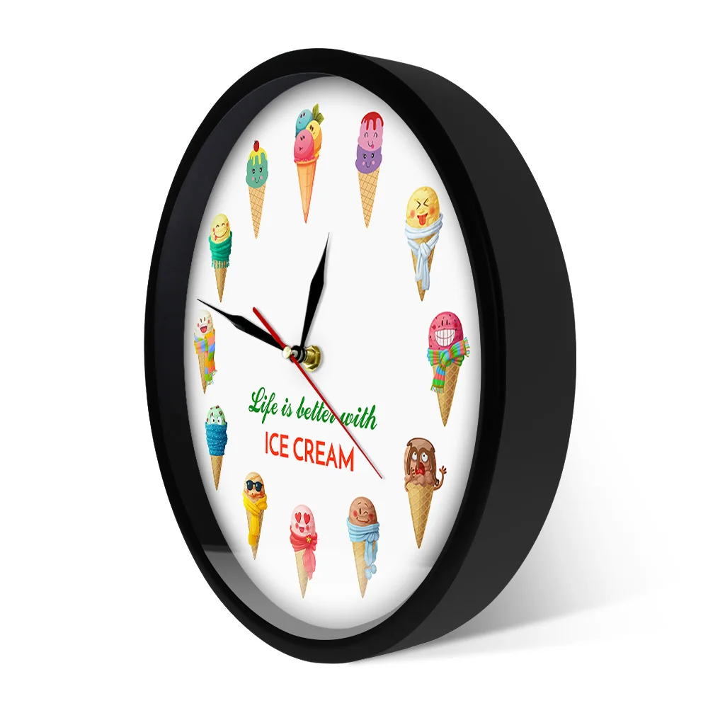 Life is better with ICE CREAM Cartoon Ice Cream Printed Dessert Wall Clock Kid Room Nursery Wall Art Kitchen Clock Wall Watch 2