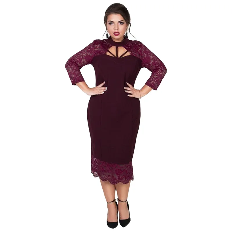 

5xl 6xl Large Size Women Dress Autumn 2019 Solid Color Fashion Lace Hollow Plus Size Dress Green Wine Red Navy Blue Tight Dress