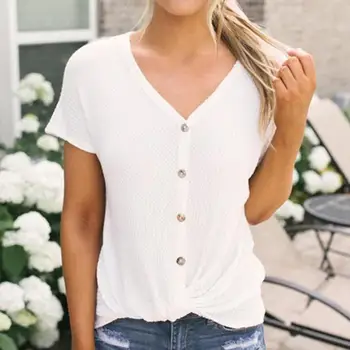 

2020 Fashion New Knit Hollow T-shirt Ladies Solid Color Button Shirt T-Shirt