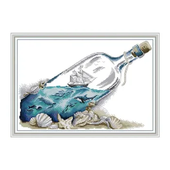 

Sea in A Bottle Cross-Stitch Counted Embroidery Kits 14CT 11CT White Canvas DIY Pre-Printed Fabrics Needlework Crafts Home Decor