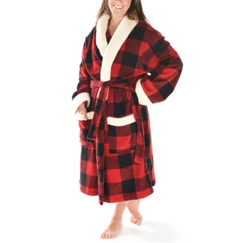 

Ladies Fashion Casual Robes Plaid Printed Lapel Long Plush Shawl Pajamas With Pocket Belt Loose Comfortable Sleepwear Pajams #3