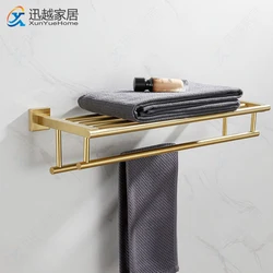 Bath Towel Holder Rack Brushed Gold Double Hanger Golden Toilet Storage Shelves 304 Stainless Steel Hotel Bathroom Accessories