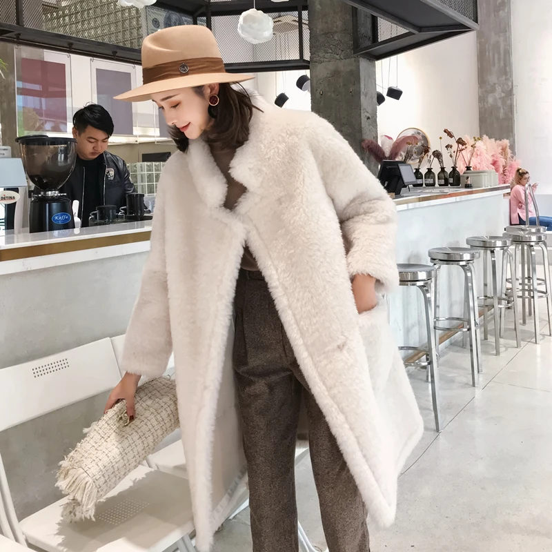 

Real Coat Women Korean Fashion Woolen Overcoat Winter Warm Lamb Fur Jacket White Abrigos Mujer Invierno 2020 MK033 YY525