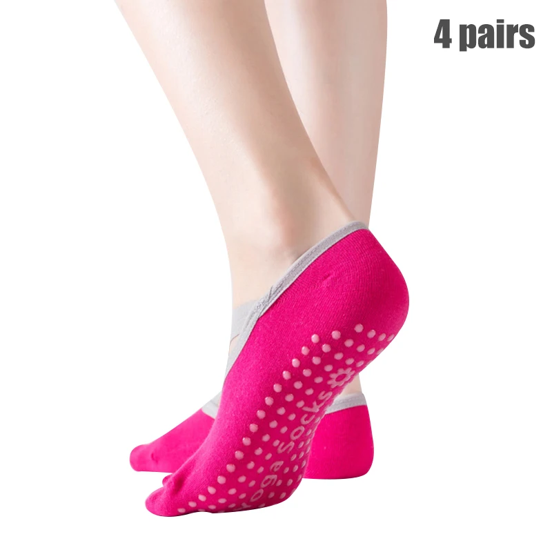 Новые 4 пары Женские носки для йоги противоскользящие частицы крест сплошной цвет Танцы для пилатеса и йоги удобные носки из хлопка спортивные носки - Цвет: rose red