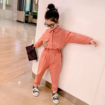 

INS HOT Girl suit 3-13 years old cotton Solid color large pocket tooling two-piece sets Coat+ pants girls clothing spring autumn