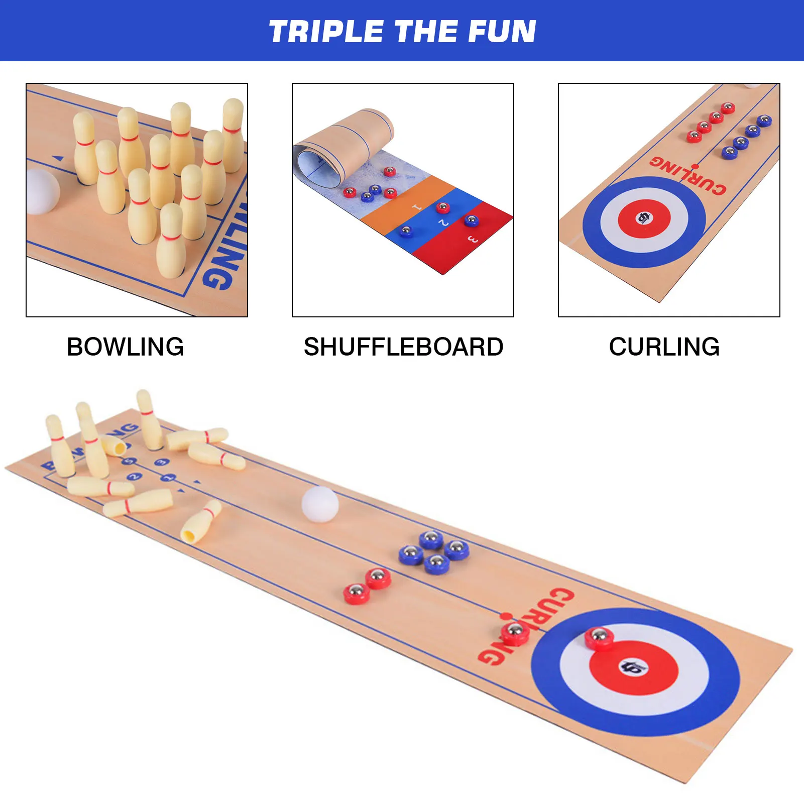 3 In 1 Board Games Tabletop Curling Bowling Game Shuffleboard Set