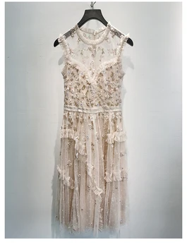 

2020 Summer New O Neck Patchwork Sleeveless Mesh Dress Sequin Embroidery Dresses Women
