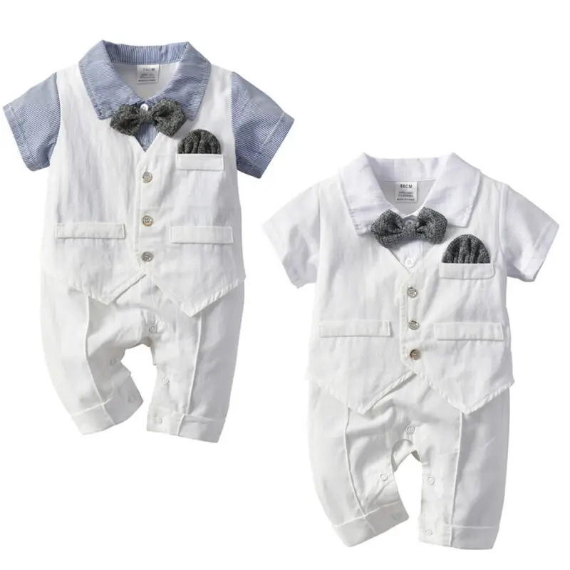 

Newborn Baby Boy Romper Gentleman Clothes Bowtie Short Sleeve Romper Jumpsuit Infant Kid Party Formal Clothing Outfit 0-24M New