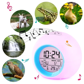 

Color Changing LED Light Digital Alarm Clocks Touch Control Kids Children Wake Up Alarm Clock Thermometer Nature Music Gifts