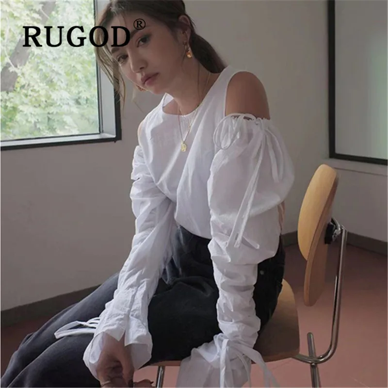 RUGOD Новое поступление Женская блузка с круглым вырезом и длинным рукавом с открытыми плечами на шнуровке плиссированная рубашка Модные женские Элегантные корейские Топы