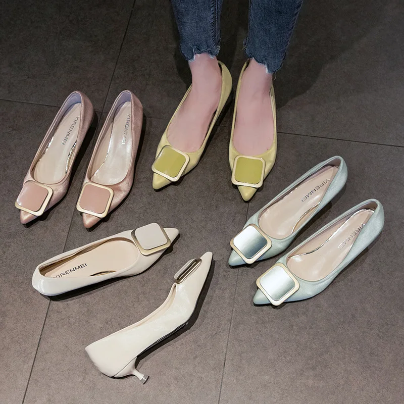

2019 Autumn New Style Shallow Mouth Single Shoes Women's Metal Square Buckle Semi-high Heeled Pointed-Toe WOMEN'S Shoes Versatil