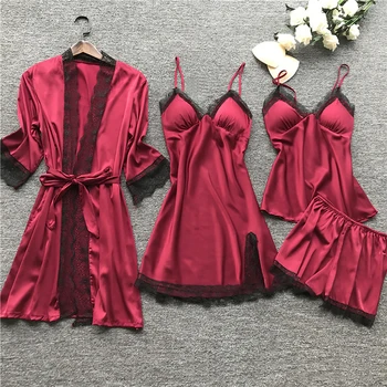 

Plus Size 3XL 2019 Women Pajamas Sets Satin Sleepwear Silk 4 Pieces Nightwear Pyjama Spaghetti Strap Lace Sleep Lounge Pijama