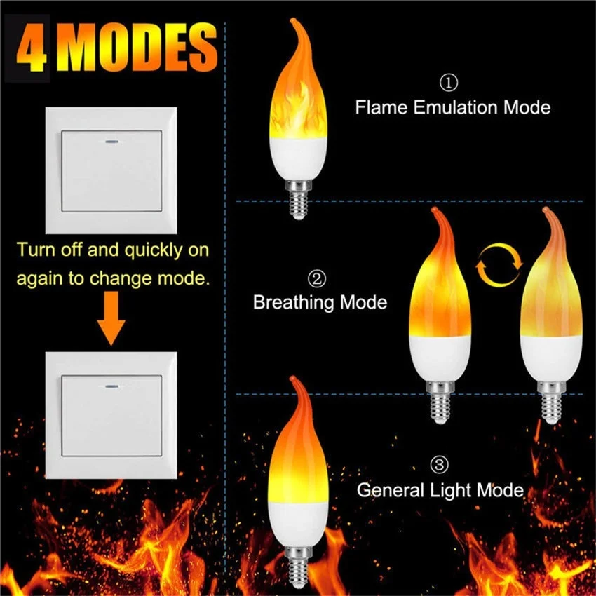 E12 Base 2W Red Flame Light 4 Pack LED Simulated Fire Flicker Flame Candelabra Light Bulb Emulation General Breathing Candle Flame Tip 3 Modes for Home Bar Party Decoration