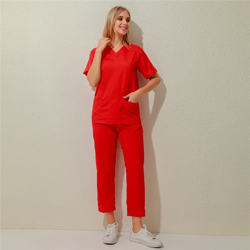 High Quality Nursing Uniforms Suit Unisex V-Neck Work Clothes Pocket  Solid Color Set Short Sleeve Tops&Trouser 2Pcs Work Set women's warm up suits