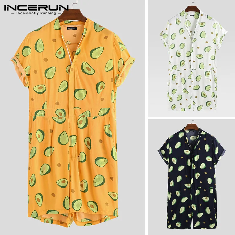 

INCERUN Men Leisure Chic Avocado Print Streetwear Short Sleeve Jumpsuit Breathable Sweatshirt Fashion Male Overalls Size S-5XL